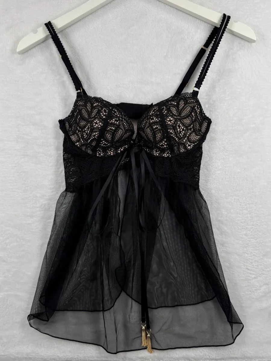 Victorias Secret Black Lace Sheer Mesh Babydoll Lingerie Gold Tassels 32B
