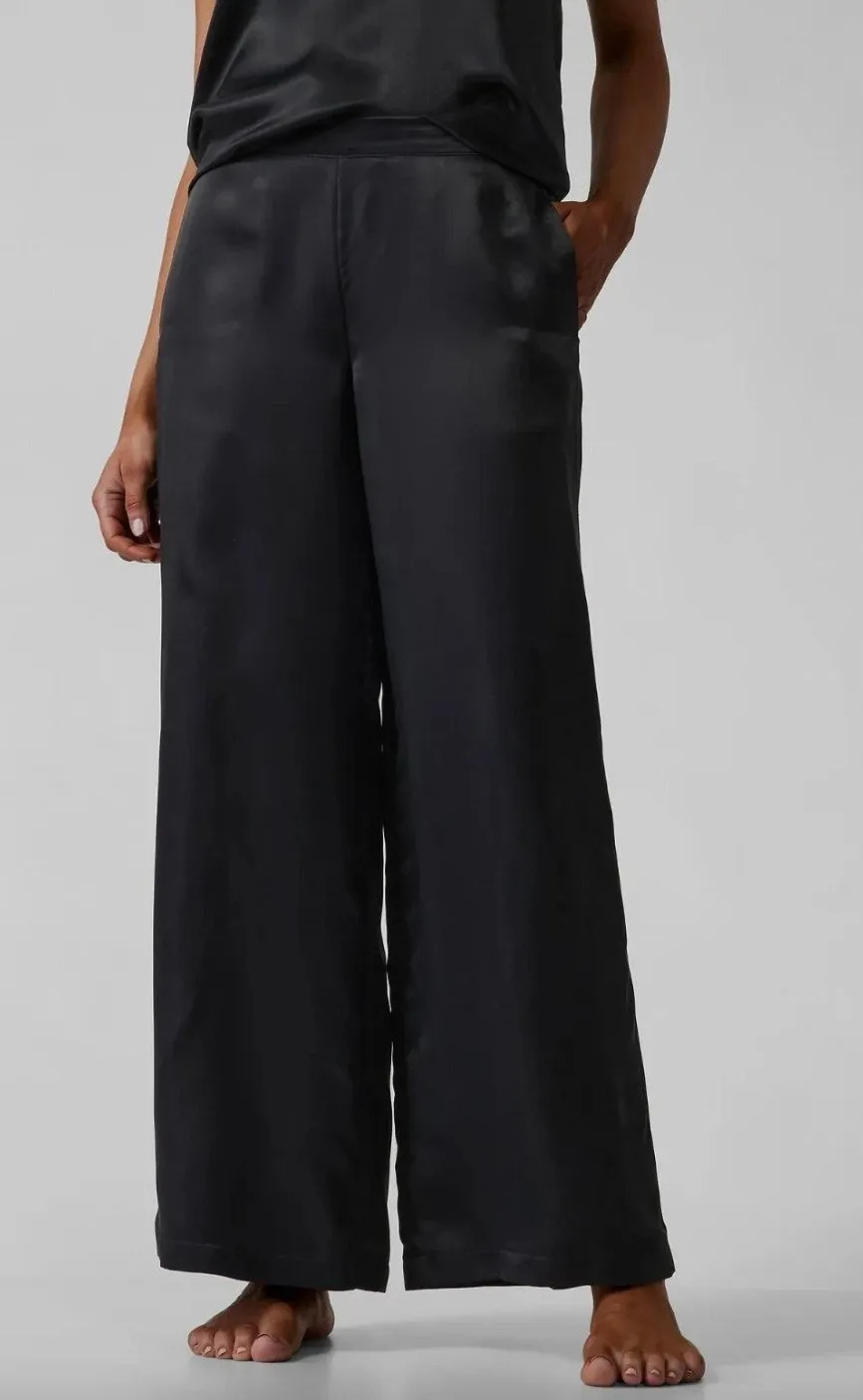 Athleta Calm Cool Pant Pull On Satin Cupro Wide Leg Relaxed Lounge Medium Black