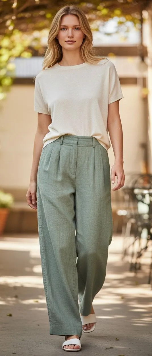 Abercrombie & Fitch Sage Green Linen Wide Leg Dress Pants Trousers Women Size 27