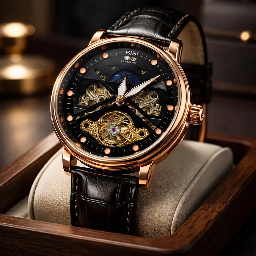 BIBI Rose Gold Skeleton Mechanical Watch with Black Leather Strap Size undefined