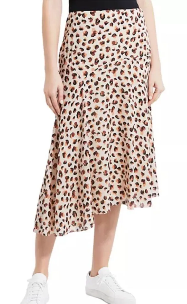 Theory Asymmetric Leopard Tan and Black Silk Midi Skirt Size 10