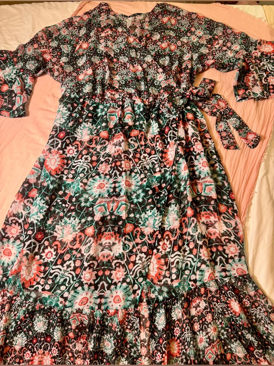 CACIQUE SWIM Cover-Up Boho Floral Pattern Semi-Sheer Robe Maxi Tie Wrap