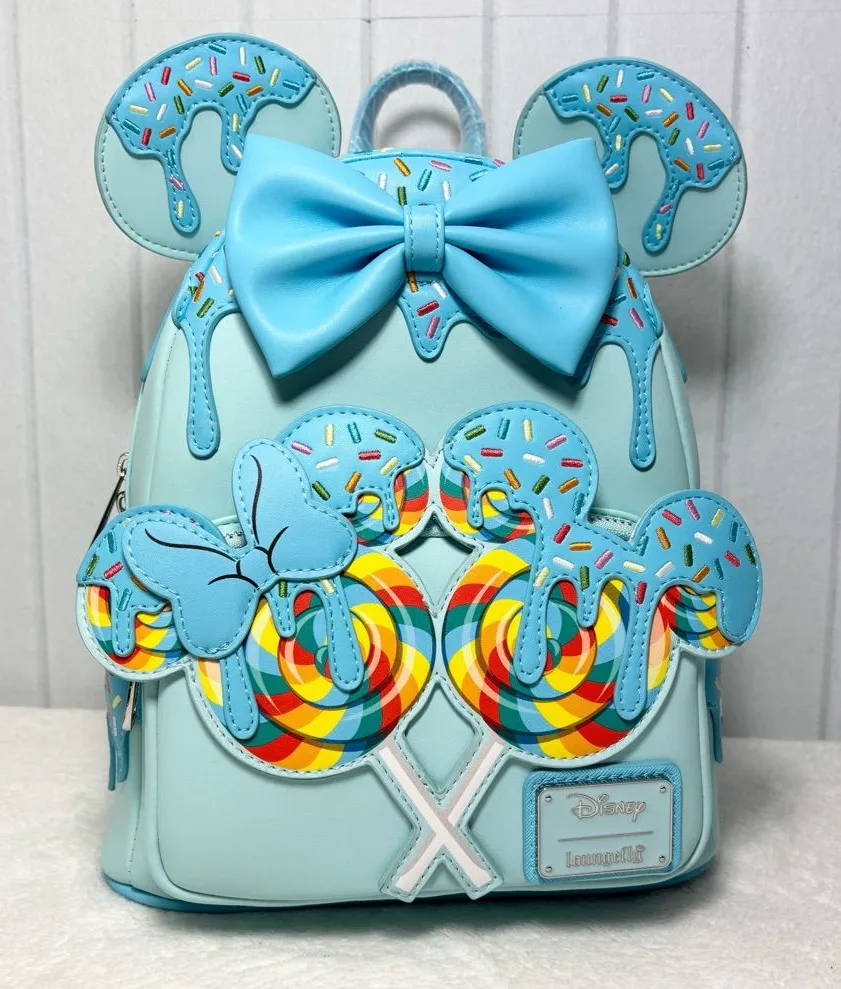 Loungefly Disney Minnie Mouse Lollipop Blue Sprinkle Ears Backpack - New