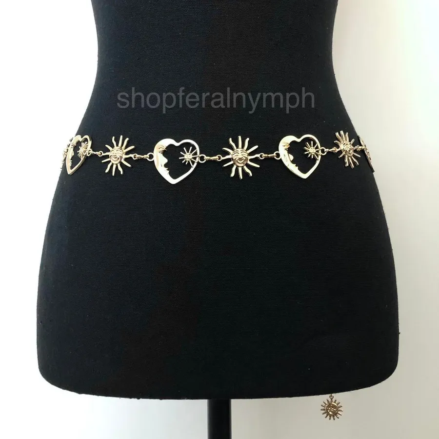 Celestial Gold Sun Heart Crescent Moon Chain Belt, Fits 20–39.5 Inches, X7GA1158