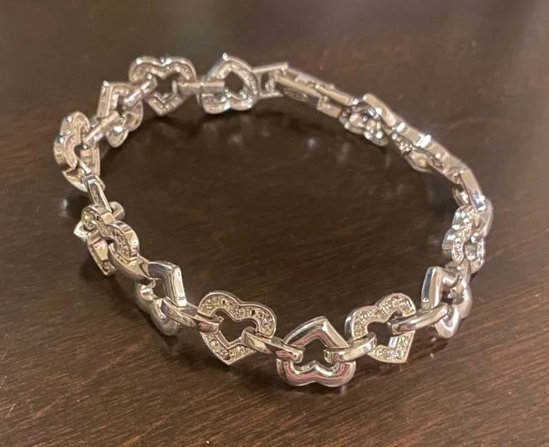 Vintage Avon Rhinestone Heart Bracelet | Silver Tone Linked Hearts 8” Statement