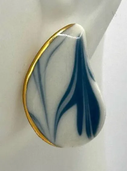 Blue white and gold tone ceramic teardrop post earrings