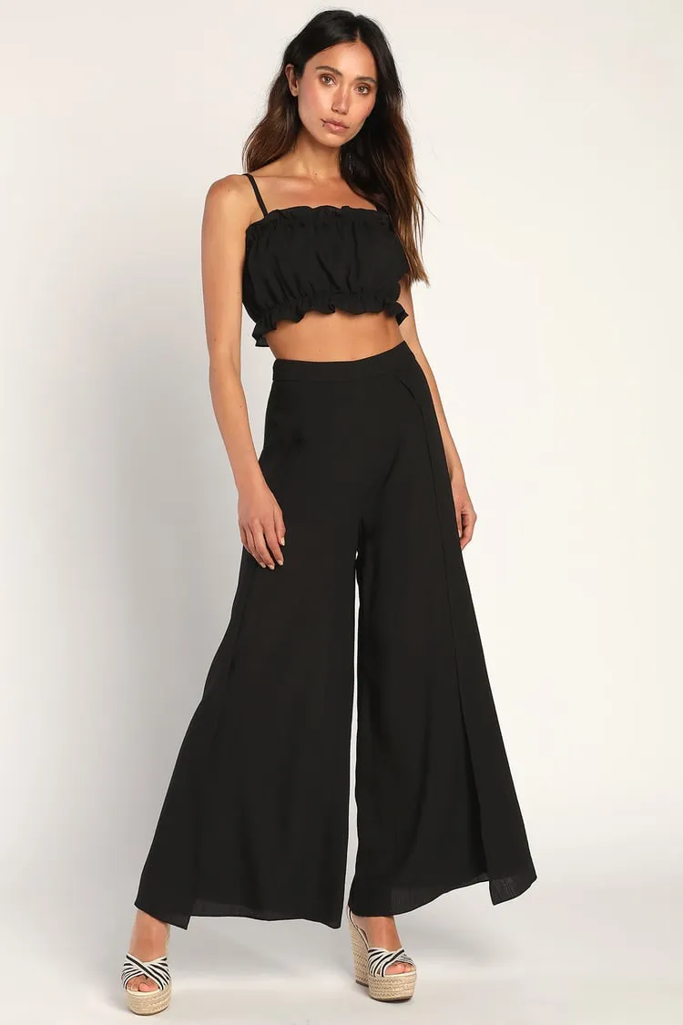 NWT Lulu’s Postcards From Me Black Ruffled Two-Piece Jumpsuit Set