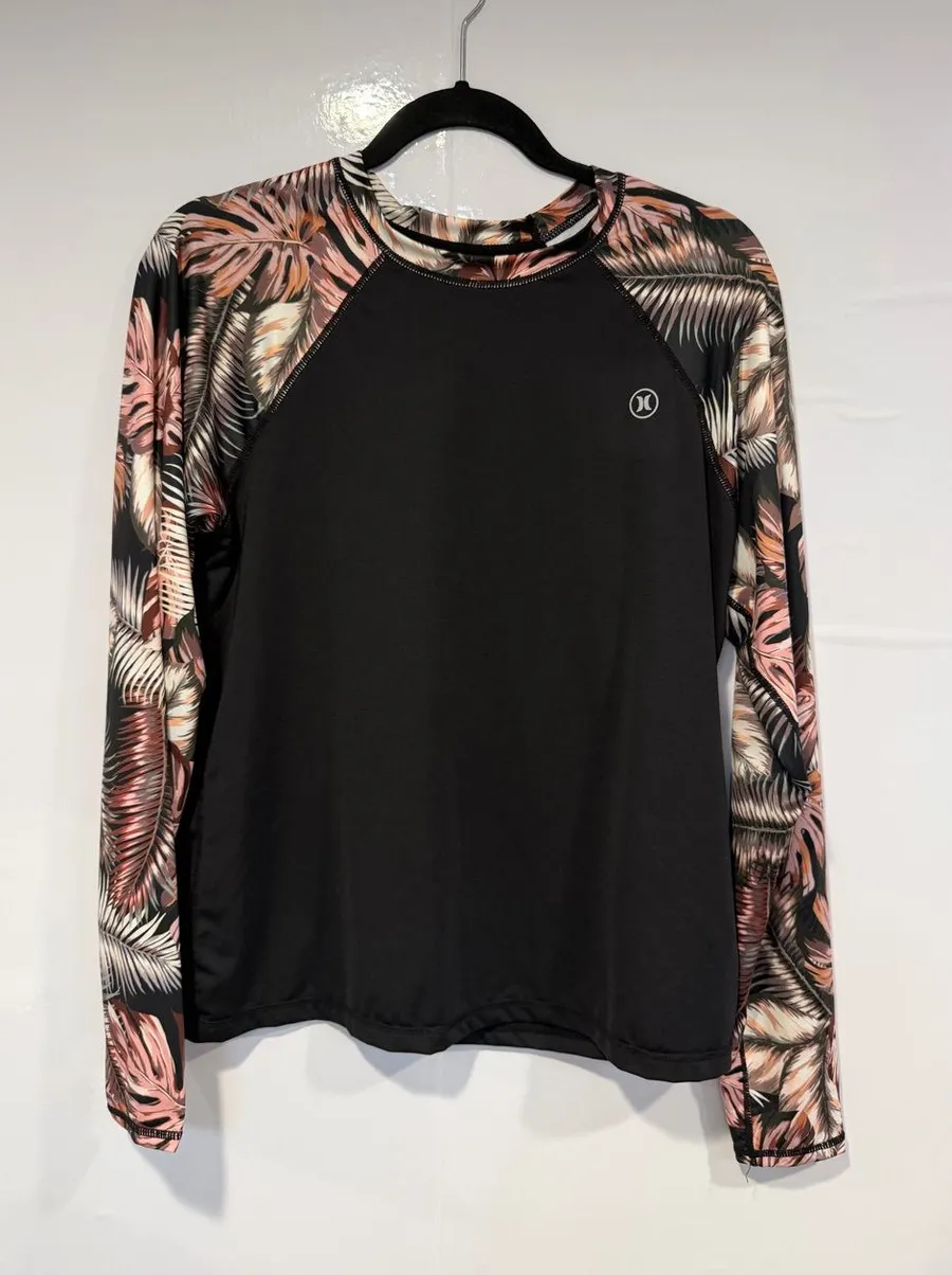 Hurley Black Rash Guard with Pink Tropical Sleeves