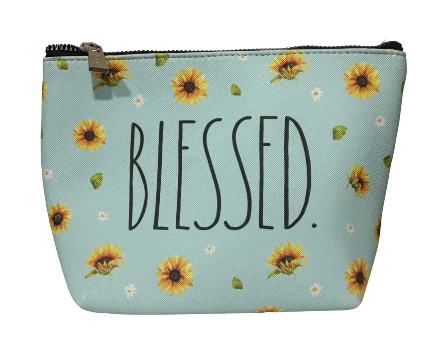 Rae Dunn Blessed Sunflower Cosmetic Makeup Bag Aqua Blue Floral Pouch