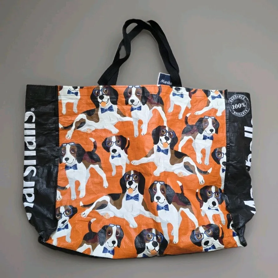 Marshalls Beagle Dog with Glasses Reusable Orange Tote All Over Dogs Canine Bag