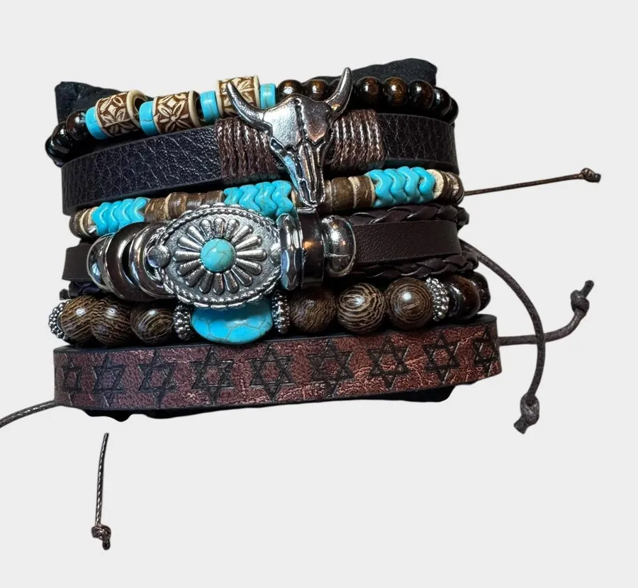 Western Bull Skull Turquoise Beading Bracelet Set