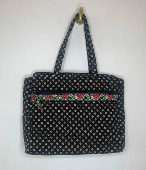 Vera Bradley Vibrant Black Purse Laptop Bag Vintage Rare Double Handle Zipper