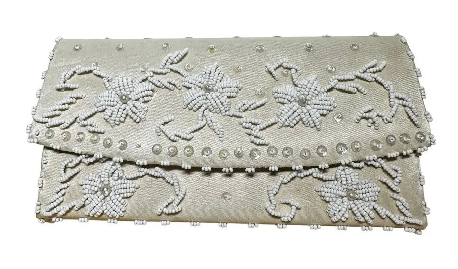Vintage Jay Dee Clutch 80s Hand Made Beaded Embellished Flowers Zip Pocket Ivory White