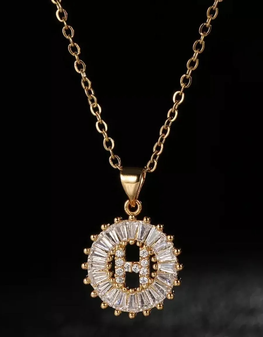 Initial “H” Rhinestone Charm Necklace Gold