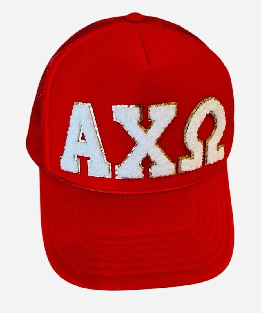 Alpha Chi Omega Red Trucker Hat Baseball Mesh Back Puffer Letters Bling Sorority