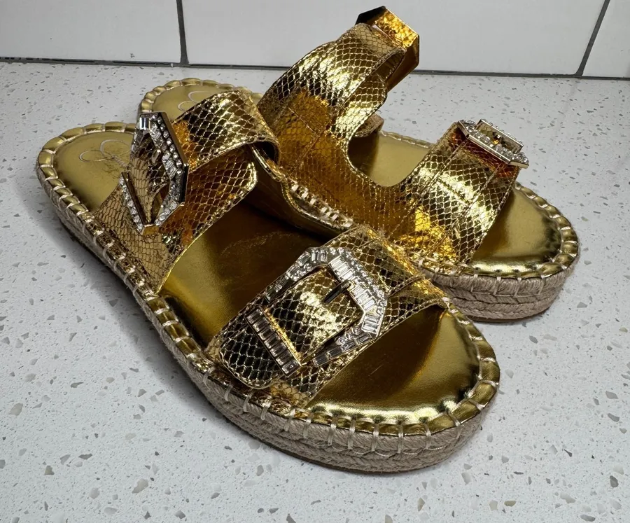 Jessica Simpson Chandria Gold Metallic Snake Rhinestone Espadrille Sandals 10