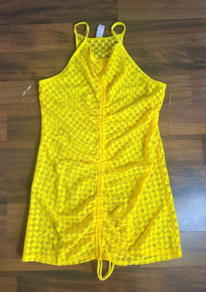 Y2K Yellow Checkered Mesh Swim Cover Up 💛 Ruched Beach Dress M Size M
