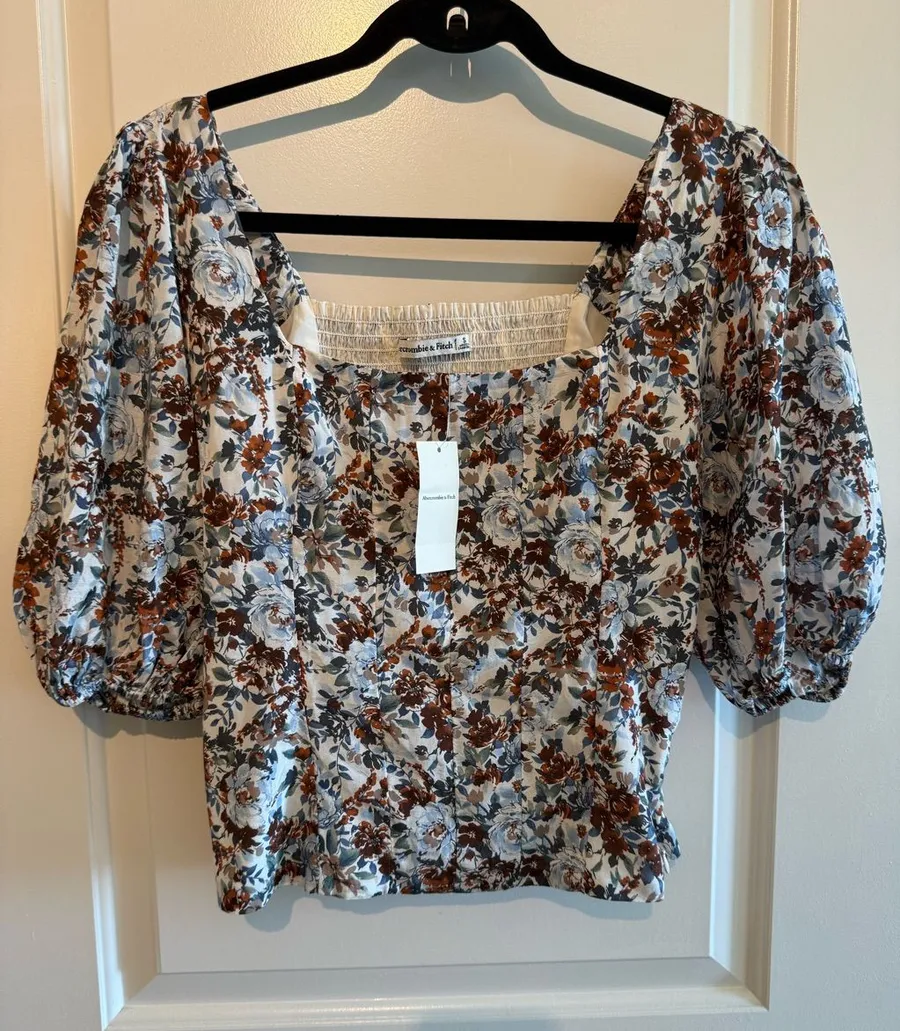 Abercrombie & Fitch Brown and Blue Floral Puff-Sleeve Square Neck Top