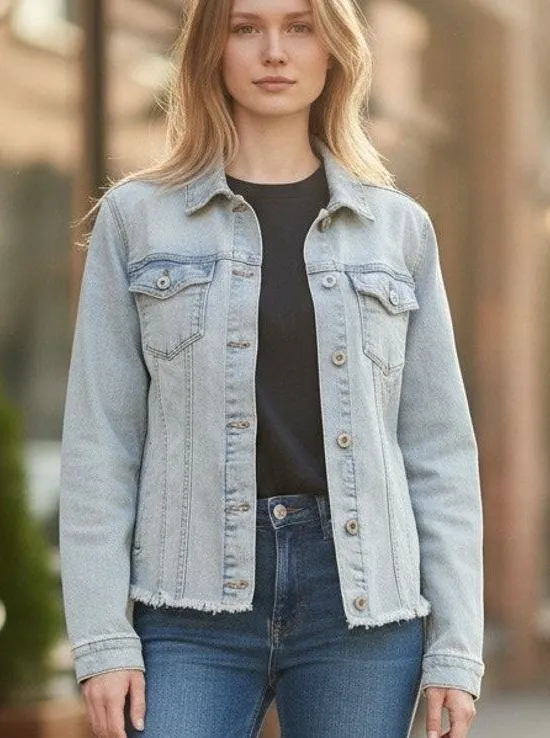 KanCan Crop Frayed Denim Jacket Boho Chic Light Wash Large Distressed Y2K Vibe Blue