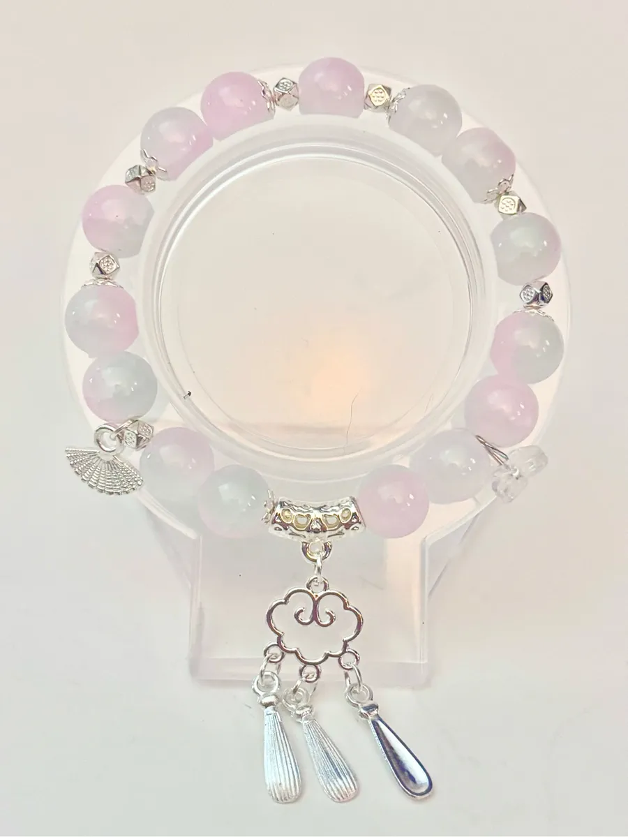Handmade Pink & White Beaded Charm Bracelet