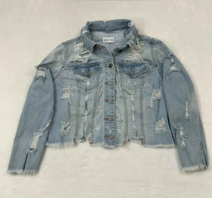 Cello Los Angeles Distressed Cropped Light Blue Denim Jean Jacket Women’s Size M