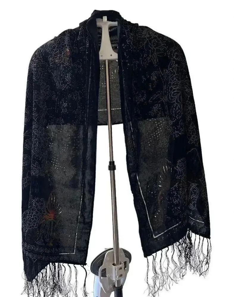 Velvet Floral Black Gypsy Bohemian Fringe Scarf One Size #1240