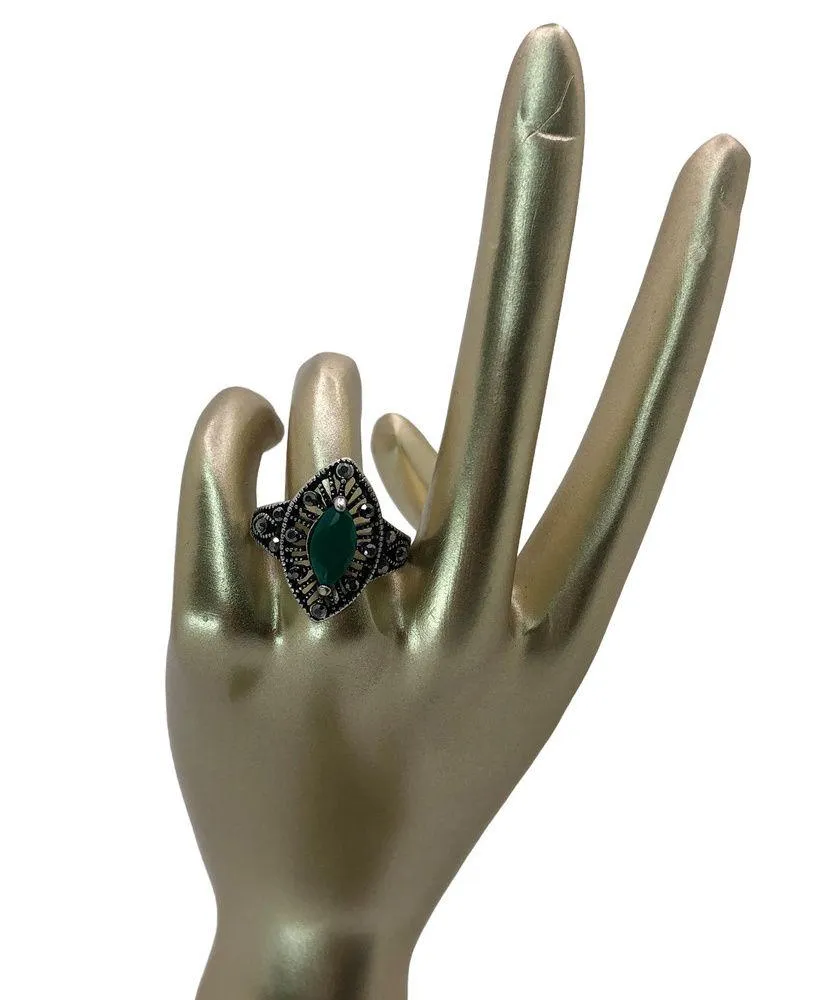 Silver and Green Rhinestone Statement Ring