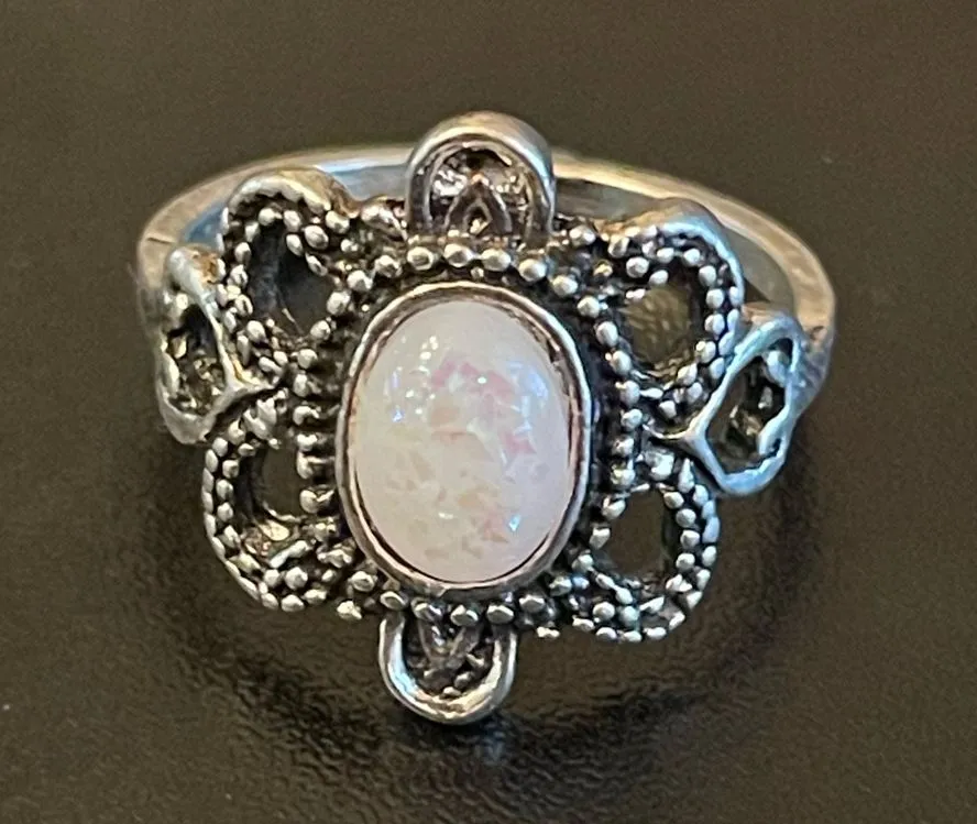 Oval simulated opal silver plated ring size 7.75