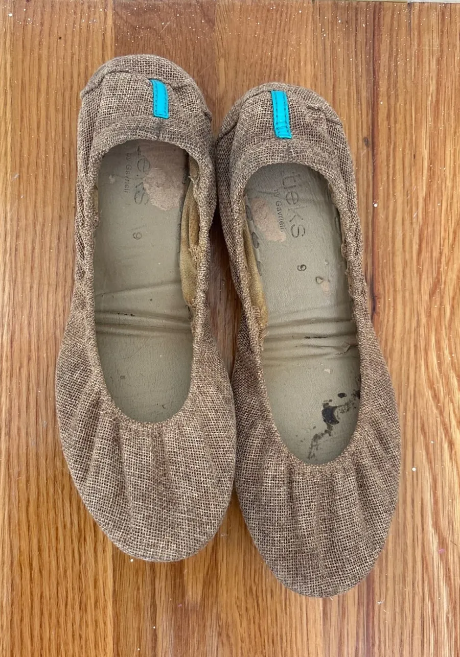 Tieks by Gavrieli Tan Burlap Ballet Flats Teal Split Sole Foldable Shoes Size 9