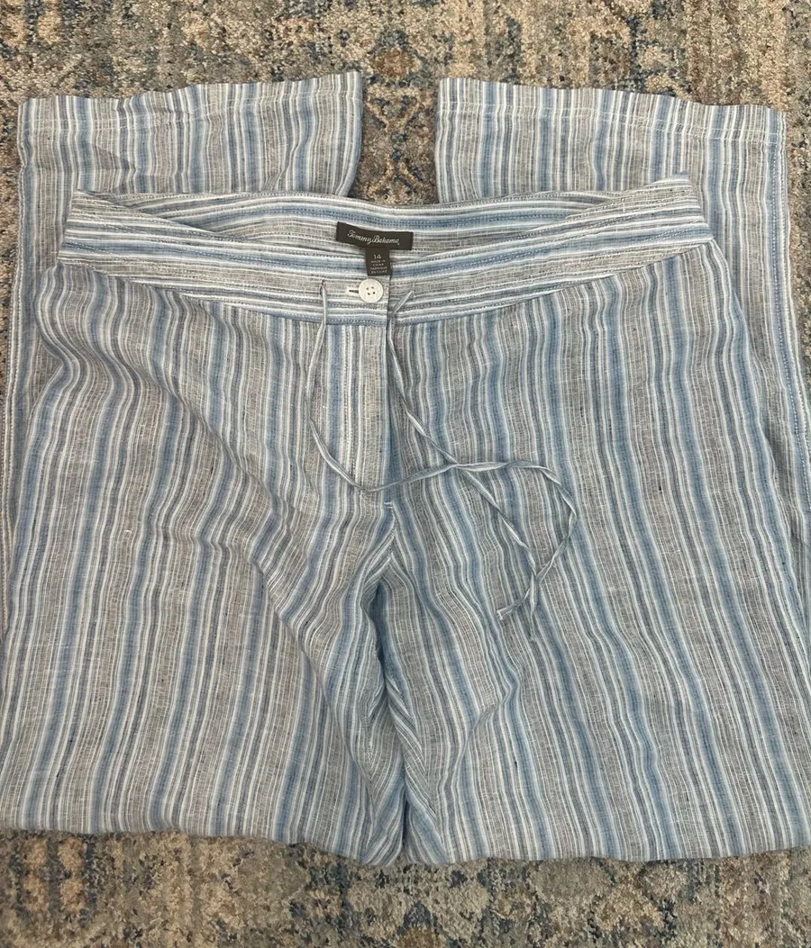 100% Linen Tommy Bahama Blue Striped Drawstring Wide Leg Pants Size 1