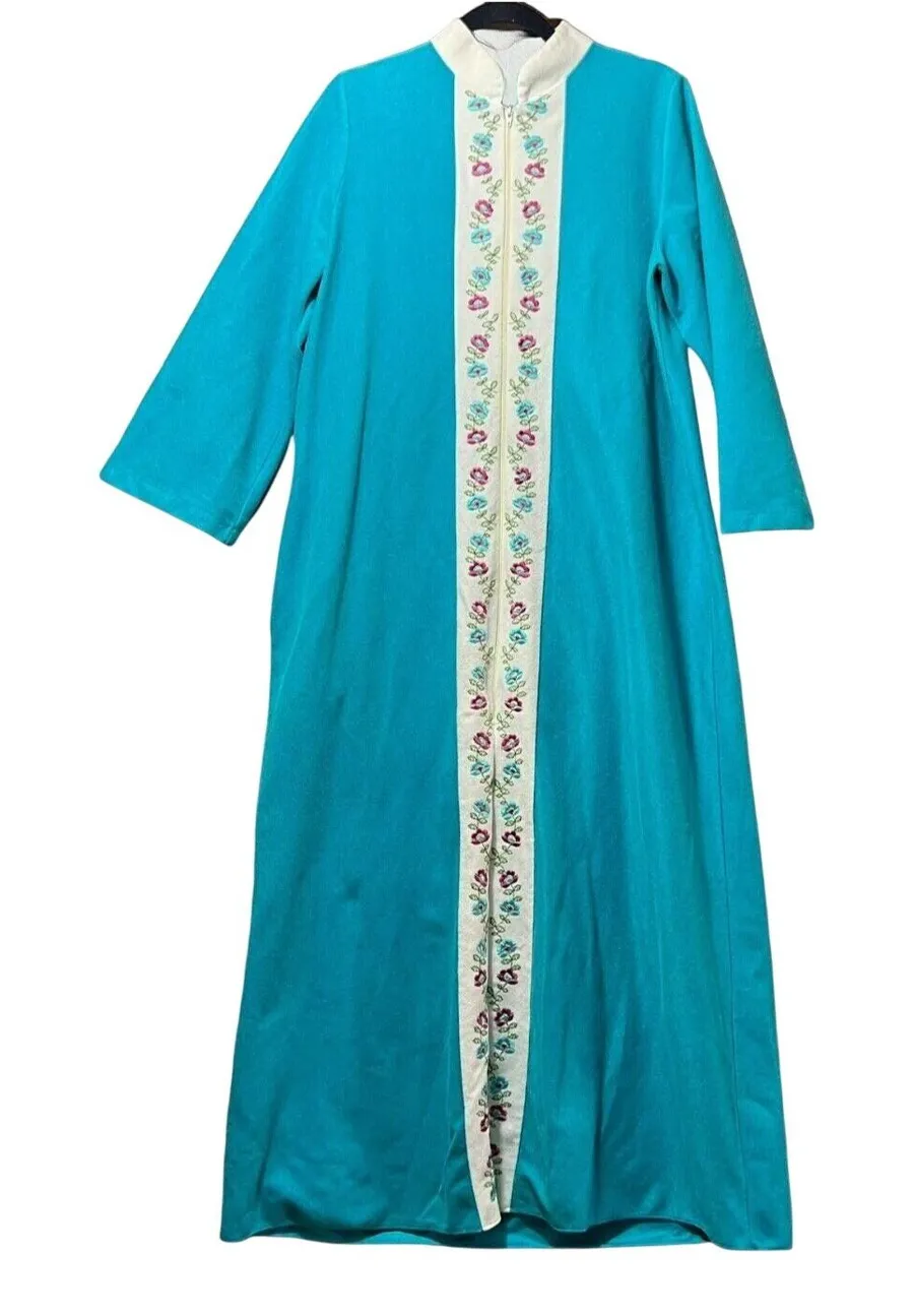 Vintage Sears Teal Blue Floral Embroidered Zip Front Long Day Robe Housecoat Size M