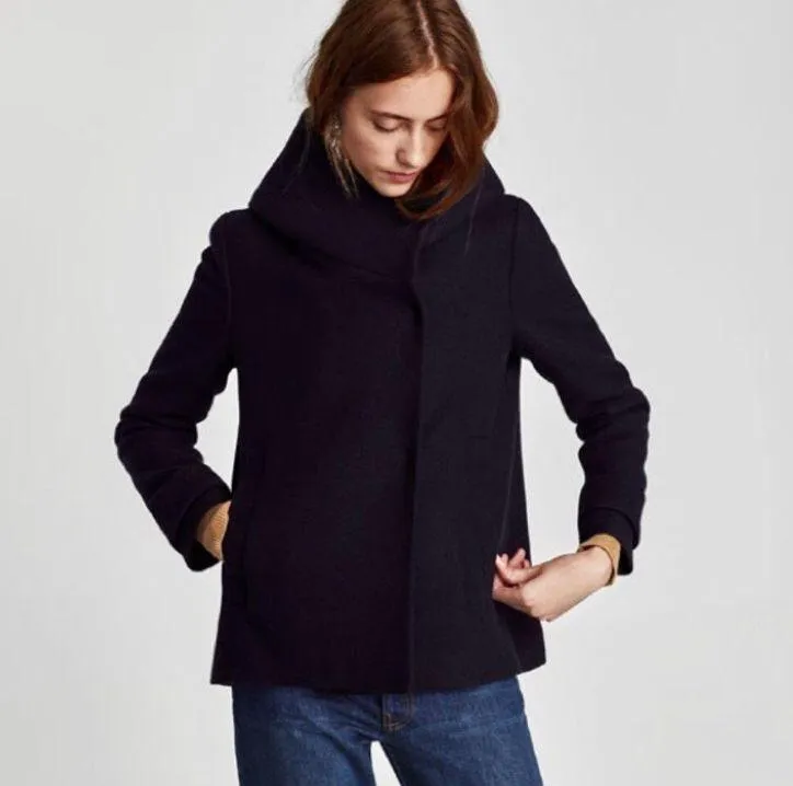 Wool Blend Wrap Collar Hood Coat