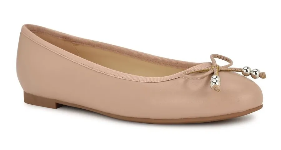 New Nine West Tan Pink Faux Leather Bow Slip On Ballet Flats Women’s Shoe Size 7