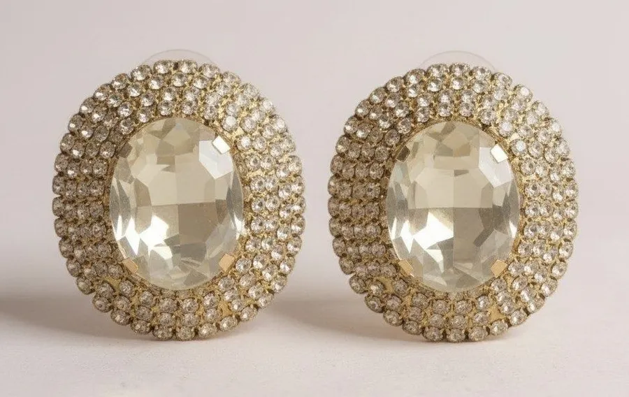 Glamorous Oval Gemstone Stud Earrings Gold Tone Rhinestone Accent Women