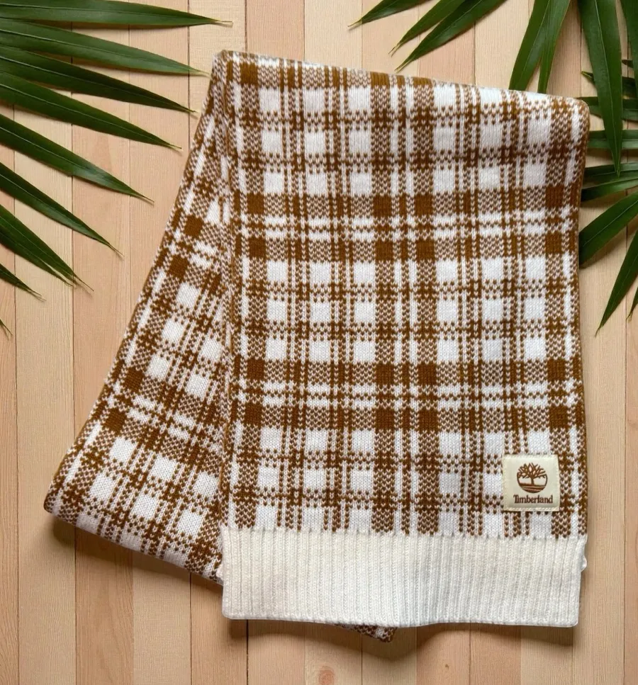 Timberland Plaid Knit Scarf – Tan Caramel & Cream – OS