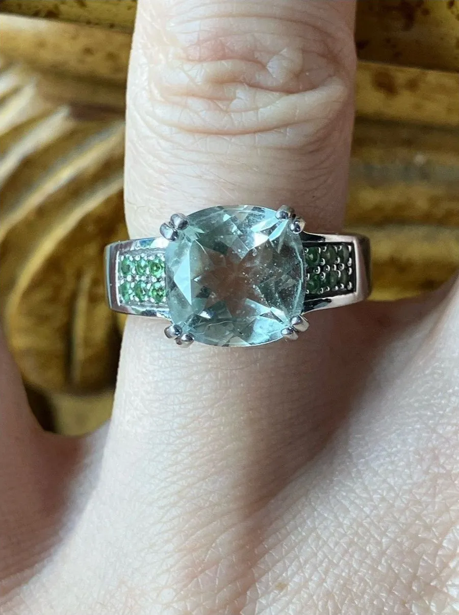 Natural Prasiolite Tsavorite Garnet Sterling Silver Ring Size 6 Green