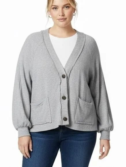 Zenana Oversized Cardigan Womens 1X Gray Button Down Pockets Cozy Minimalist