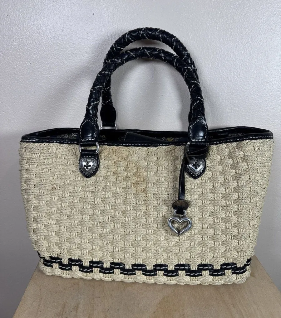 BRIGHTON Vintage Peggy Woven Jute Straw Braided Leather Tote Satchel Bag