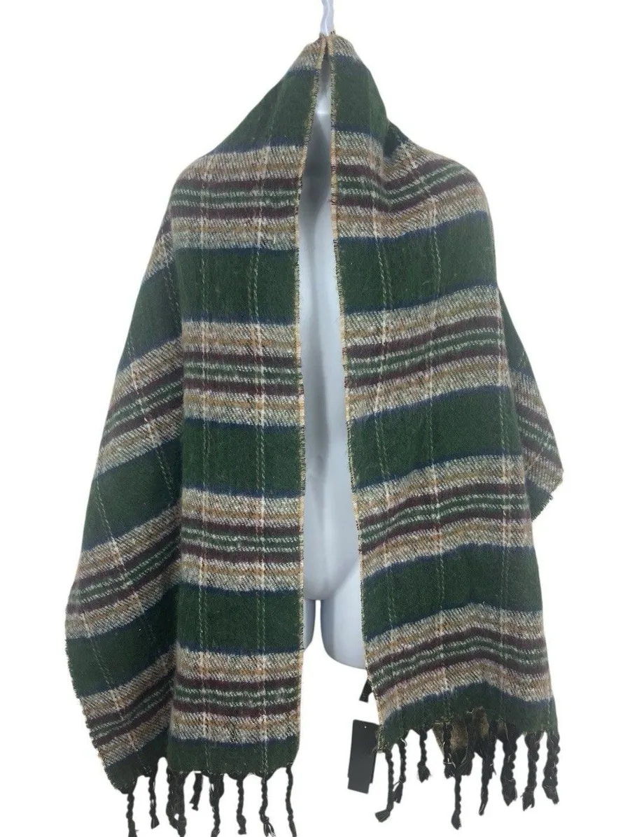 Steve Madden Reversible Wrap Shawl Scarf Green Plaid & Leopard Fringe 82x21’ NWT