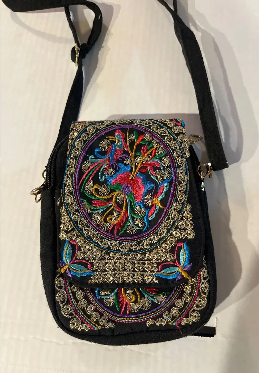 Women Black Canvas Embroidered Floral Crossbody Bag Boho Festival Small Purse
