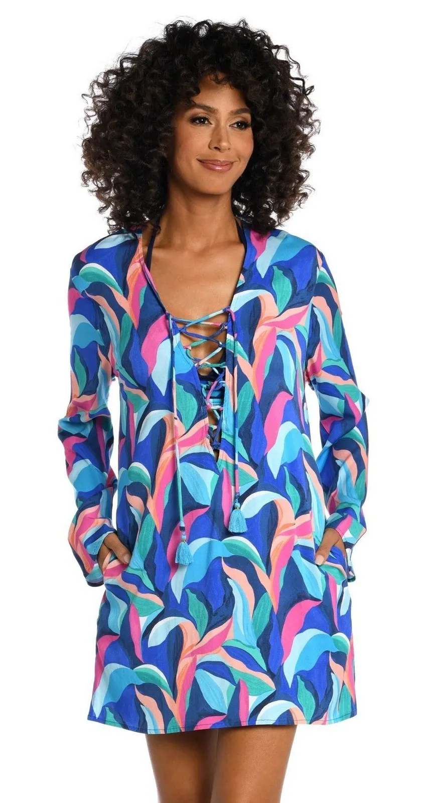 La Blanca Women's Painted Leaves Lace Up V-Neck Plus 1X Swim Tunic Cover Up