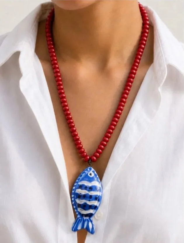 Anthropologie Tropical Fish Beaded Necklace Blue and Red