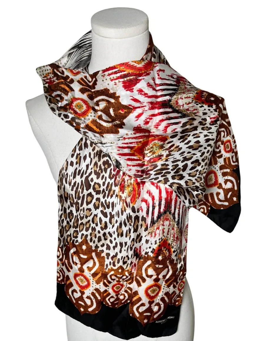 Animal Print Silk Skinny Scarf Abstract Tribal Brown Black Adrienne Landau White