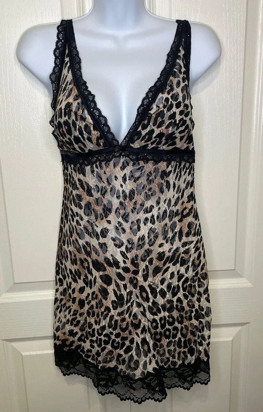 Victoria’s Secret Cheetah Print Lace Mesh Chemise Nightie Black Tan Large