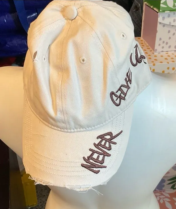 White Embroidered 'Never Give Up' Women's Baseball Cap