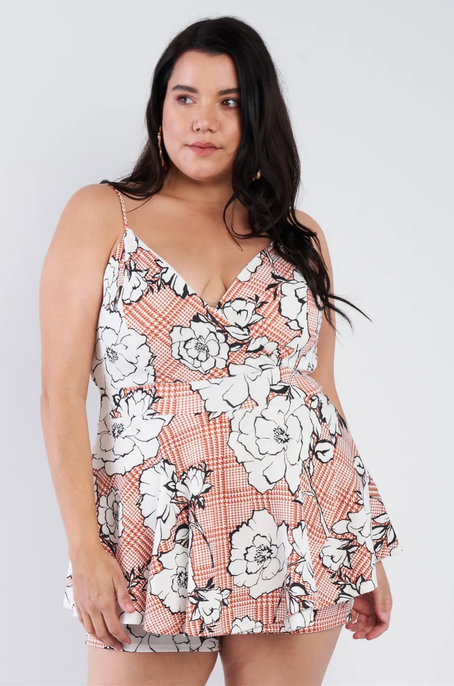 Rust V-neck Floral Skort Romper 2X
