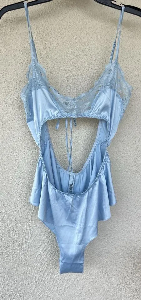 NWT Skims Baby Blue Satin Lace Trim Cut Out Bodysuit Lingerie Size L Sexy Angel