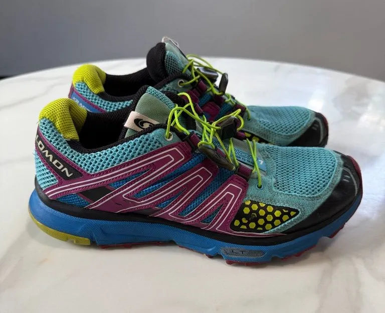 Salomon Turquoise Pink Blue Trail Shoes with Neon Yellow Accents