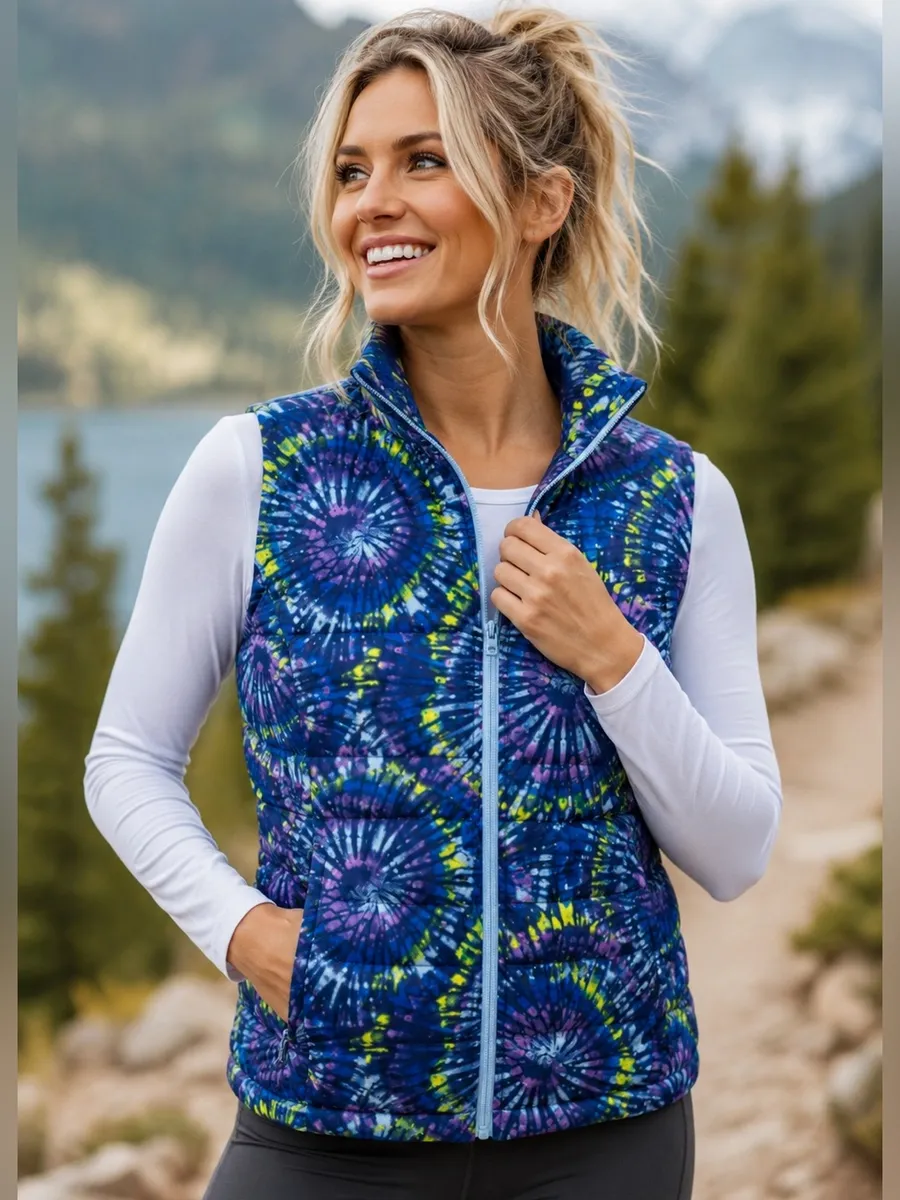 Lands’ End Women’s Down Puffer Vest Tie Dye Blue Purple Hiking Gorpcore Sz M