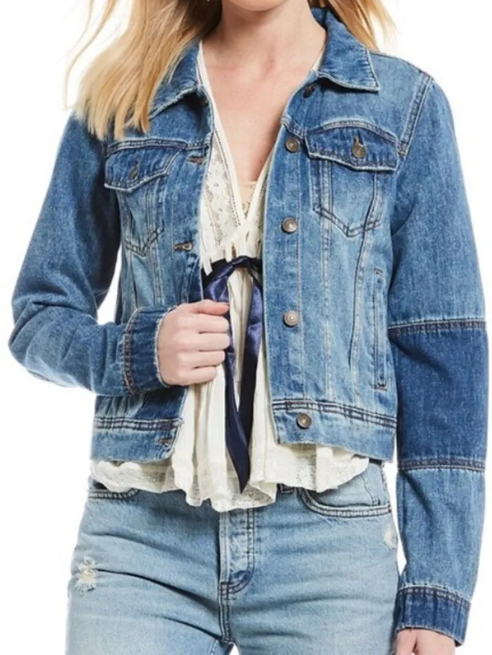 Free People Blue Slight Crop Rumors Two Tone Soft Denim Jacket - Size - XS